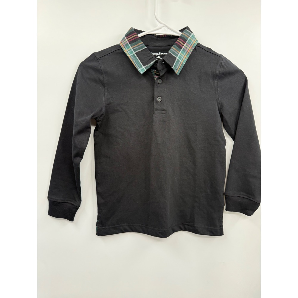 Tommy Bahama S(5/6) Long Sleeve Polo Boys Black Plaid Collar Shirt